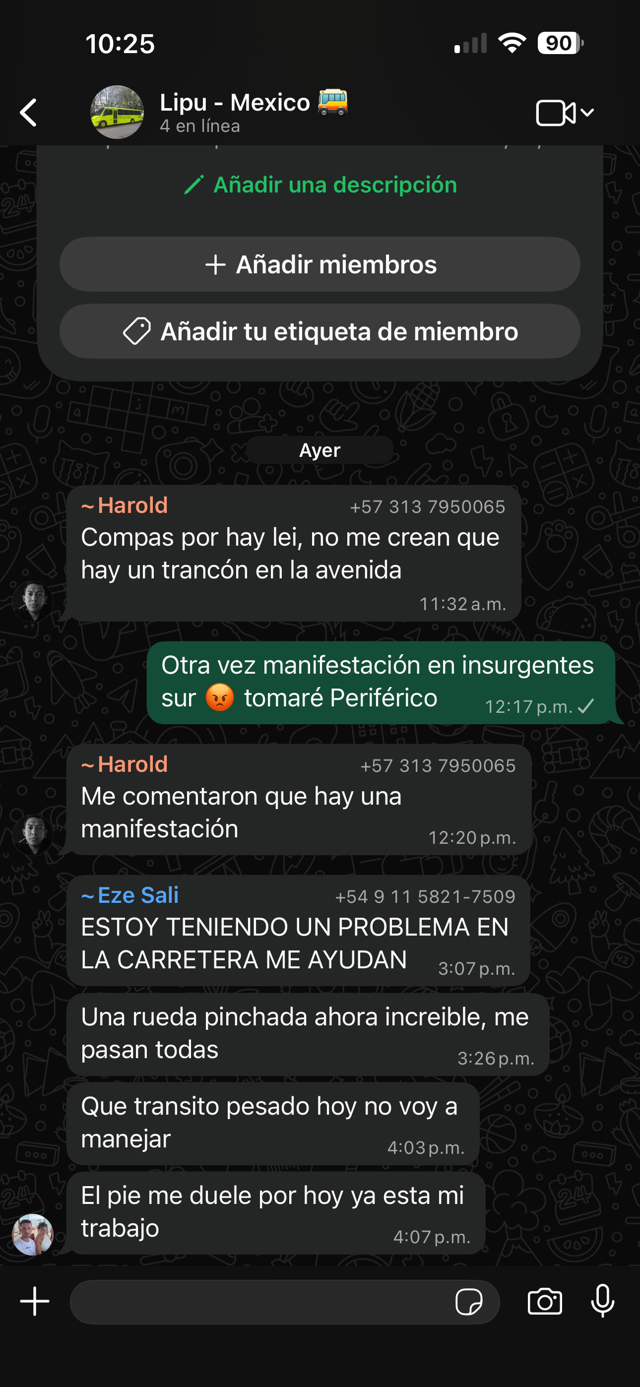 Grupo de WhatsApp Lipu - Mexico con mensajes operativos de los conductores: trancón, manifestación, rueda pinchada, dolor de pie