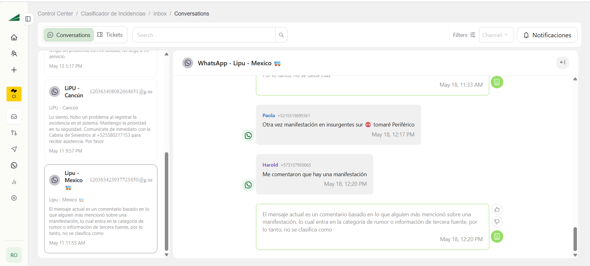 Inbox del Clasificador mostrando conversaciones de WhatsApp con incidencias clasificadas por el Agente