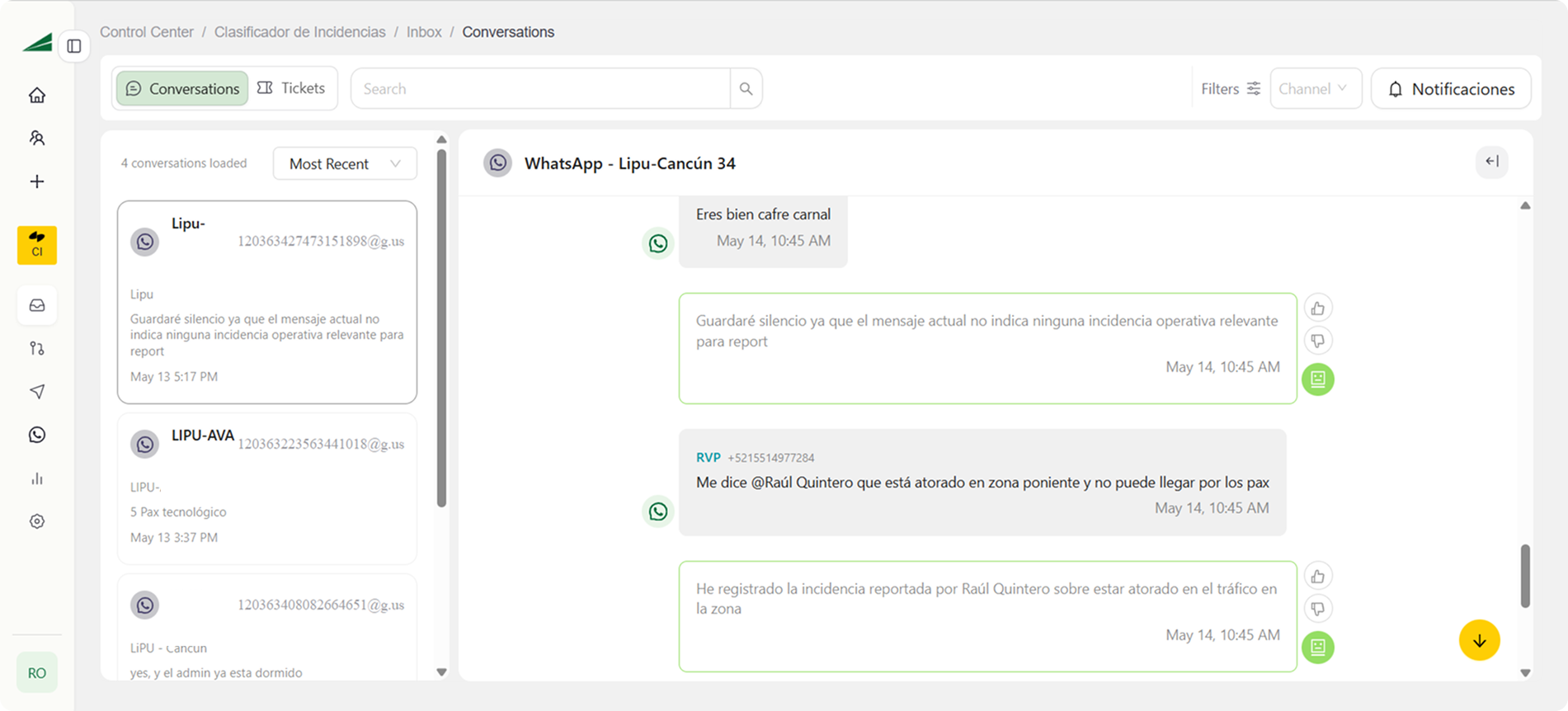 Orquestador de agentes en MIND mostrando la conversación de WhatsApp con respuestas del Clasificador: mensaje descartado por irrelevante, reporte de operador atorado en zona y registro automático de la incidencia