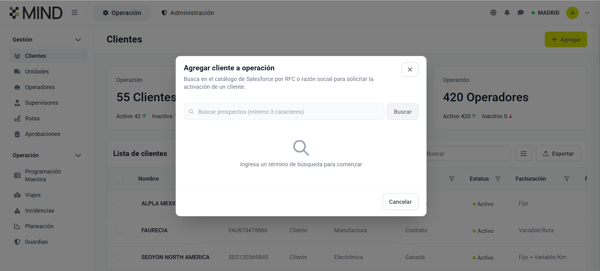 MIND — Modal Agregar cliente a operación: búsqueda en catálogo de Salesforce
