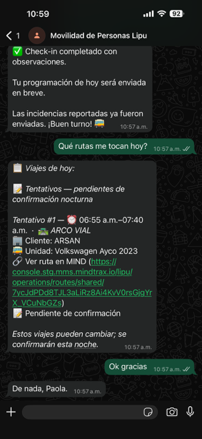 Conversación real: operador pregunta sus rutas del día y el Compañero responde con los viajes tentativos