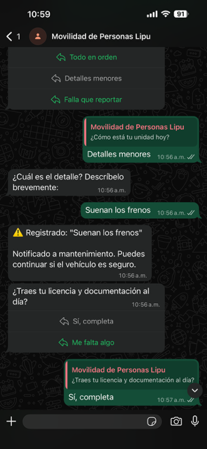 Conversación real: operador reporta falla en frenos, el Compañero la registra y notifica a mantenimiento
