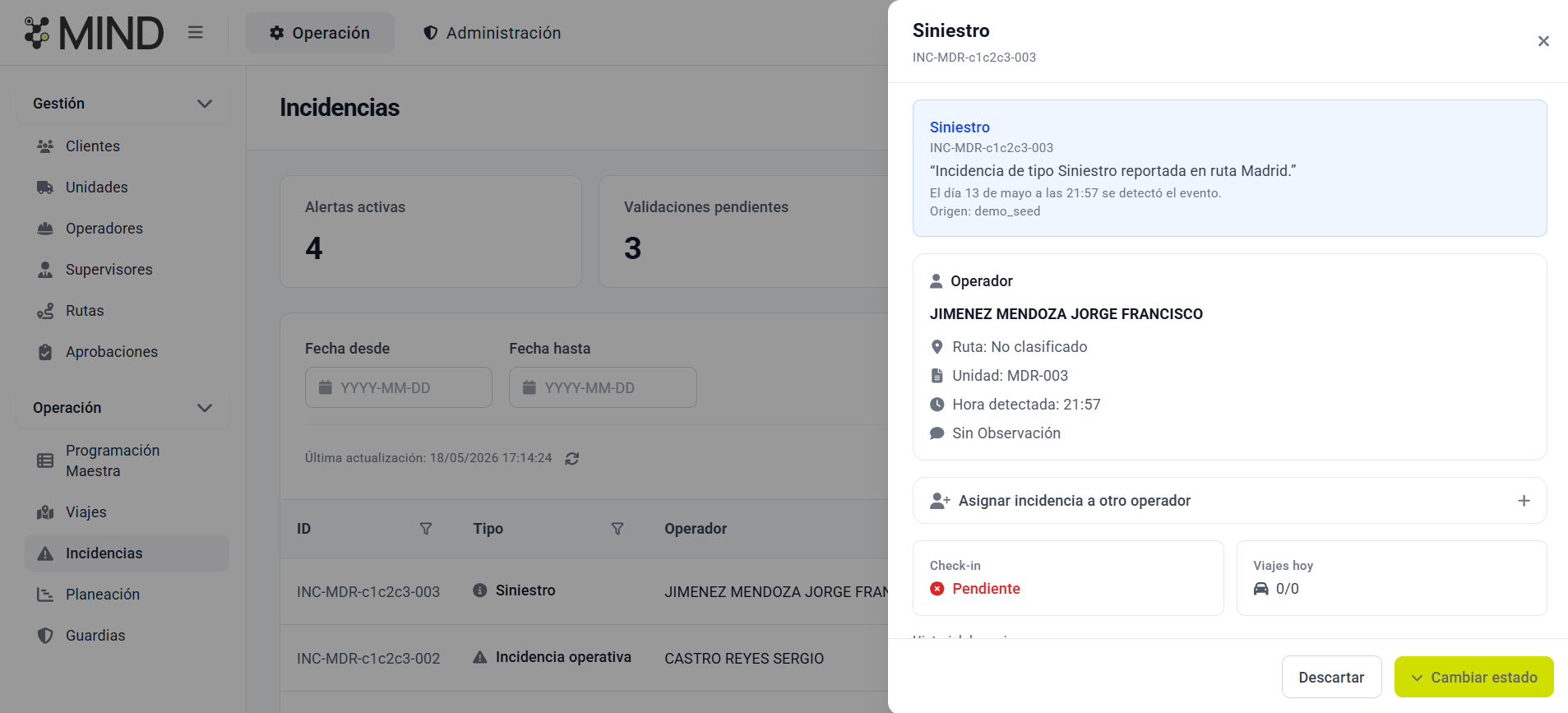 MIND — Detalle de incidencia operativa con origen, grupo, reportado por, operador, ruta, unidad y acciones