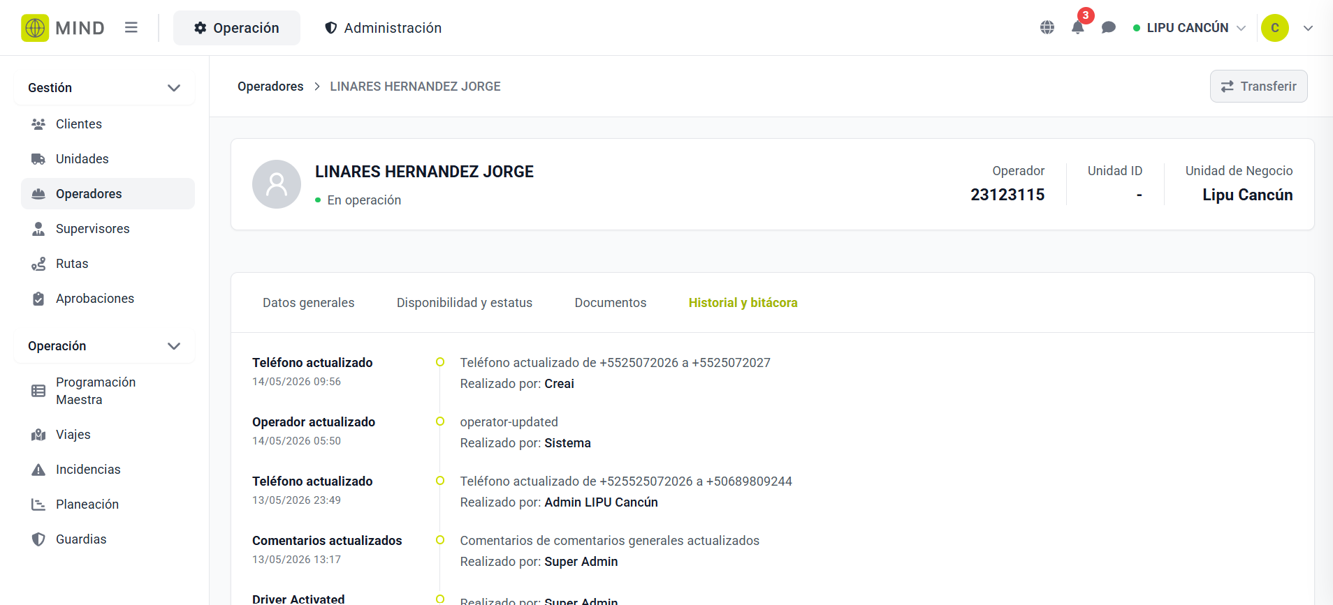 MIND — Historial y bitácora del operador con log cronológico de eventos