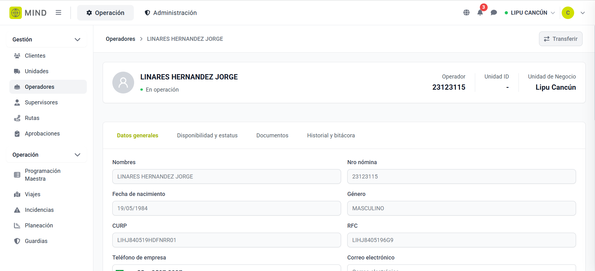 Detalle de operador en MIND con datos generales