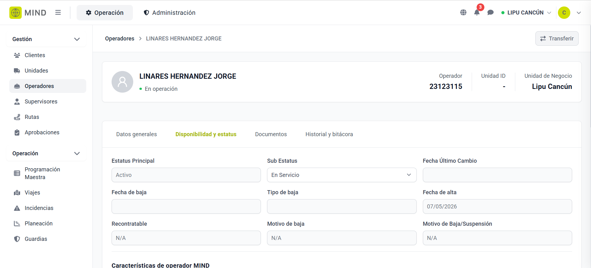 MIND — Disponibilidad y estatus del operador con Estatus Principal y Sub Estatus