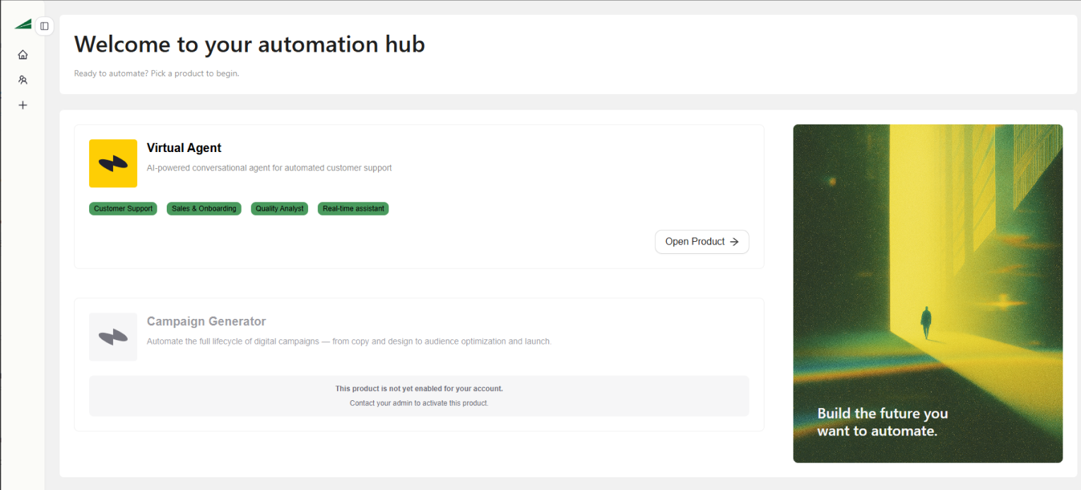 Silia Automation Hub mostrando productos disponibles: Virtual Agent activo y Campaign Generator pendiente de activación