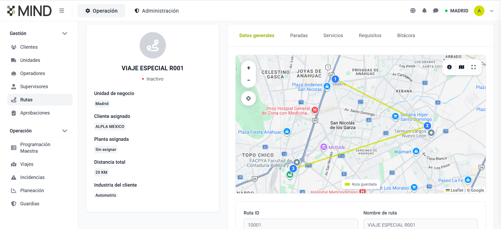 Detalle de ruta en MIND con mapa de paradas
