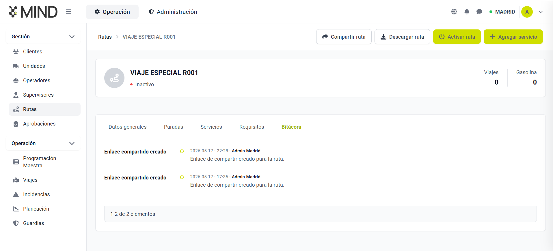 MIND — Bitácora de la ruta con historial cronológico de cambios y acciones registradas