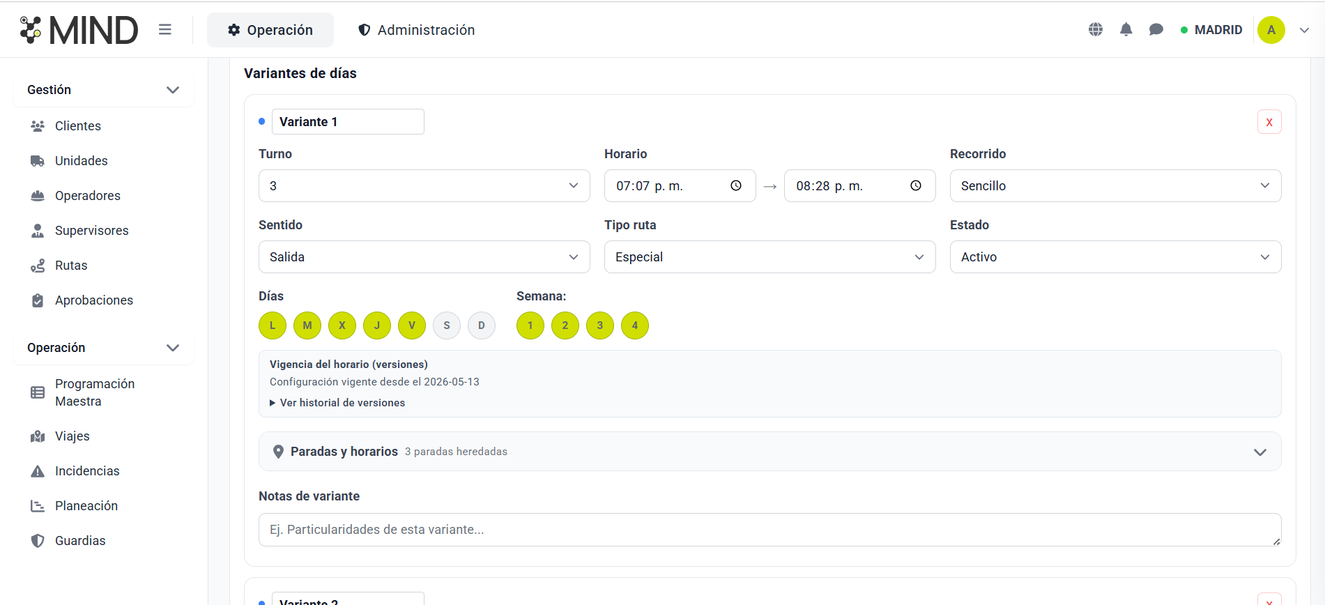 MIND — Calendario semanal de servicios con turnos, horarios y variantes por día