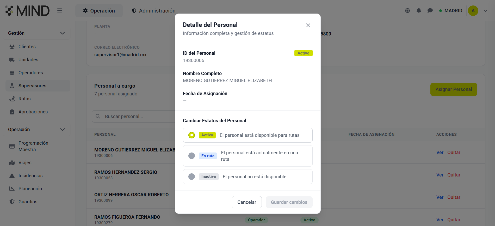MIND — Detalle del Personal con cambio de estatus operativo (Activo / En ruta / Inactivo)