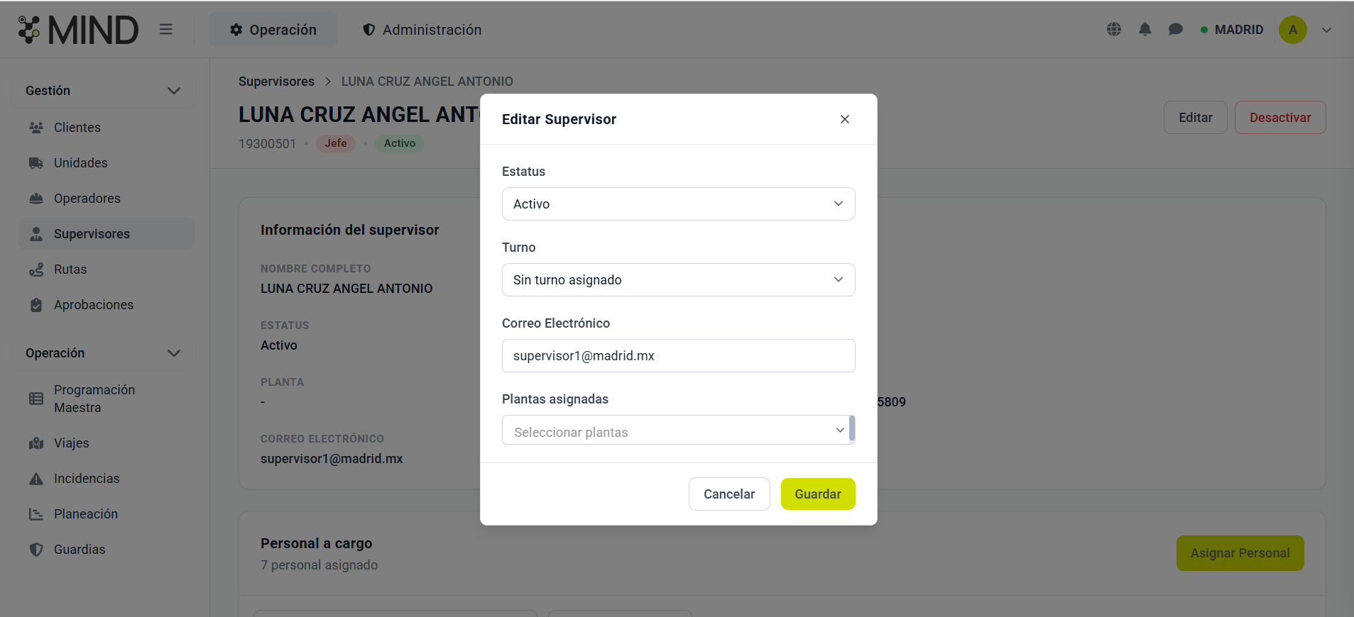 MIND — Editar supervisor con campos operativos: estatus, turno, correo y plantas asignadas