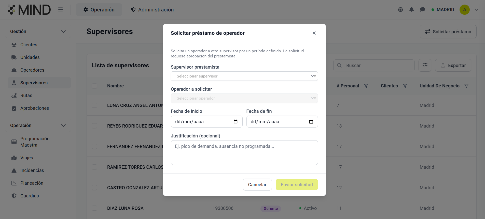MIND — Solicitar préstamo de operador con supervisor prestamista, operador, fechas y justificación