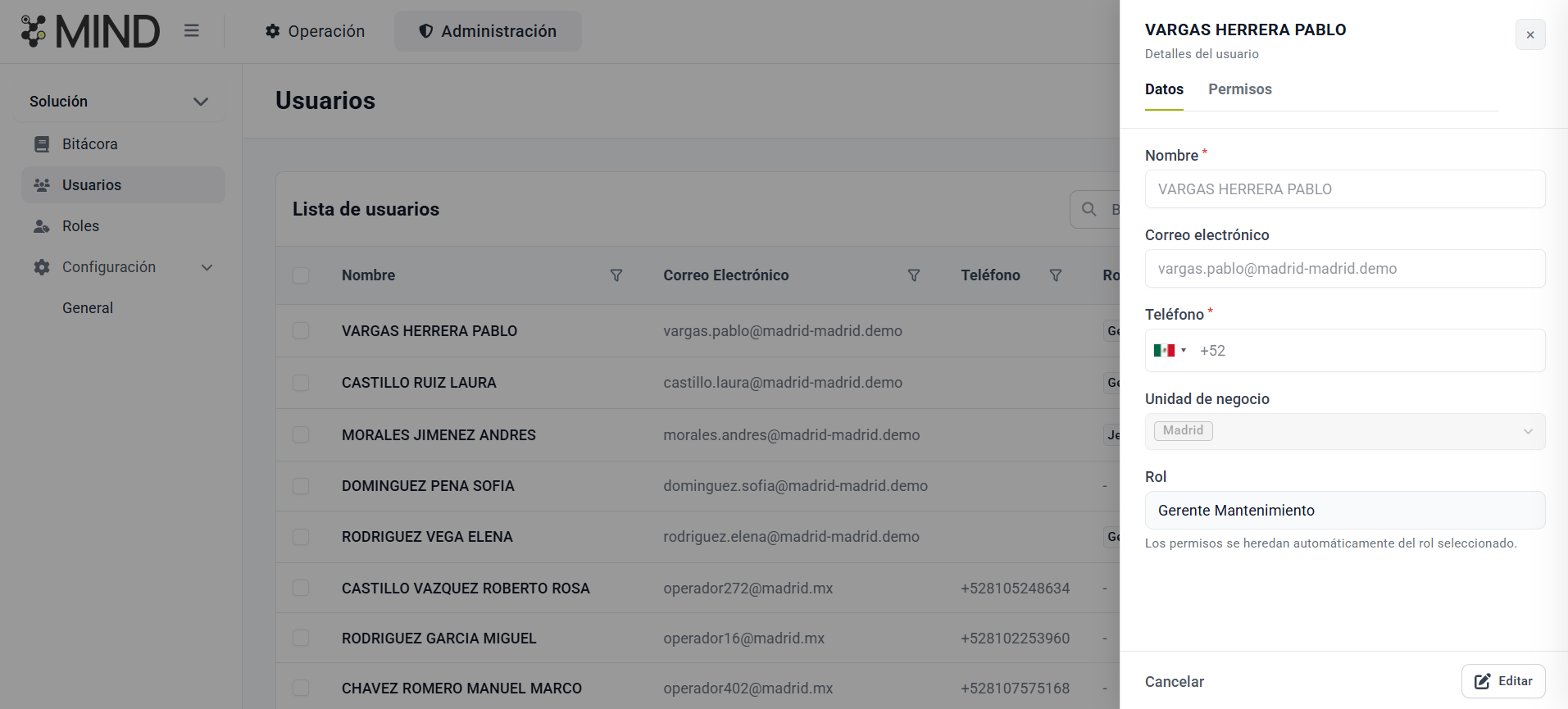 MIND — Detalle del usuario con datos básicos editables, unidad de negocio y rol asignado