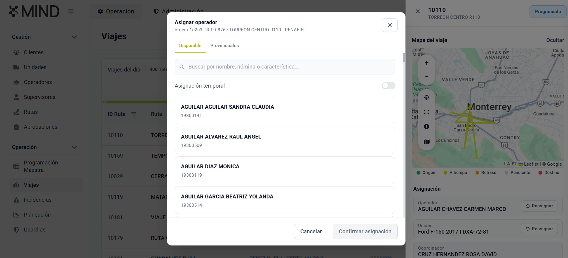 MIND — Modal Asignar operador, pestaña Disponible, con búsqueda por nombre, nómina o característica