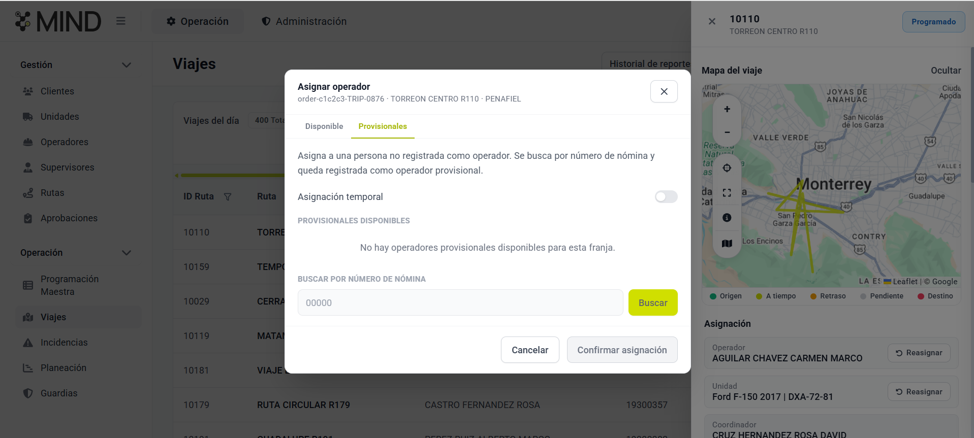 MIND — Modal Asignar operador, pestaña Provisionales, con búsqueda por número de nómina