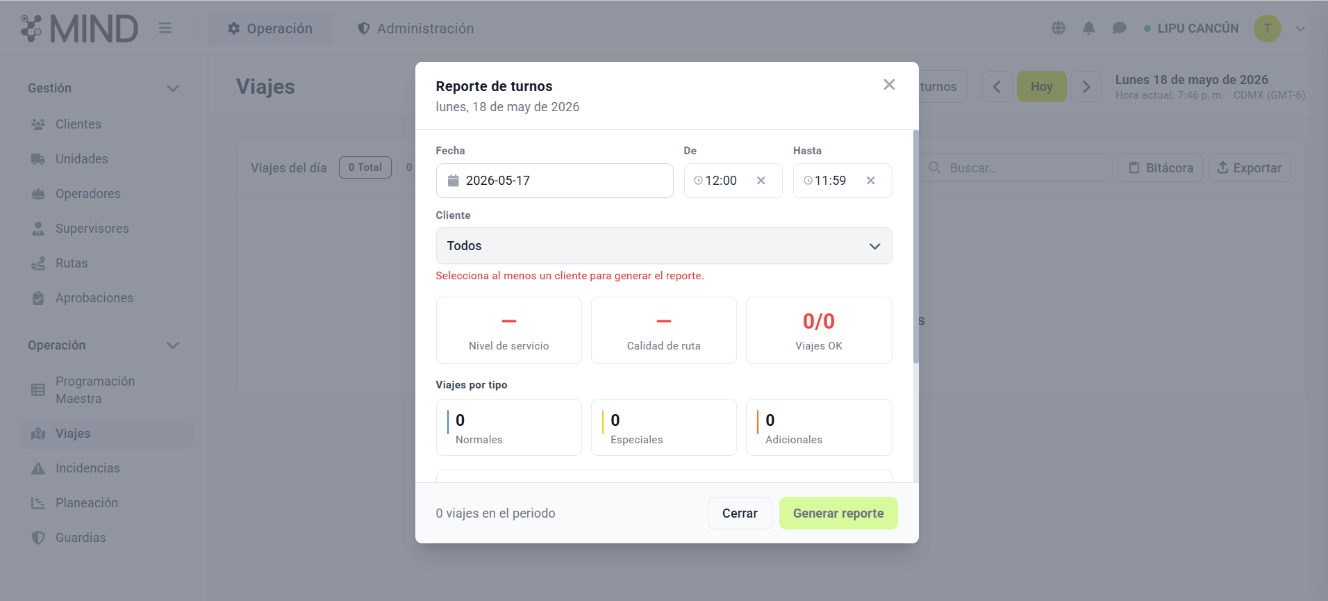 MIND — Módulo de Viajes con el modal de Reporte de turnos y los KPIs operativos del periodo